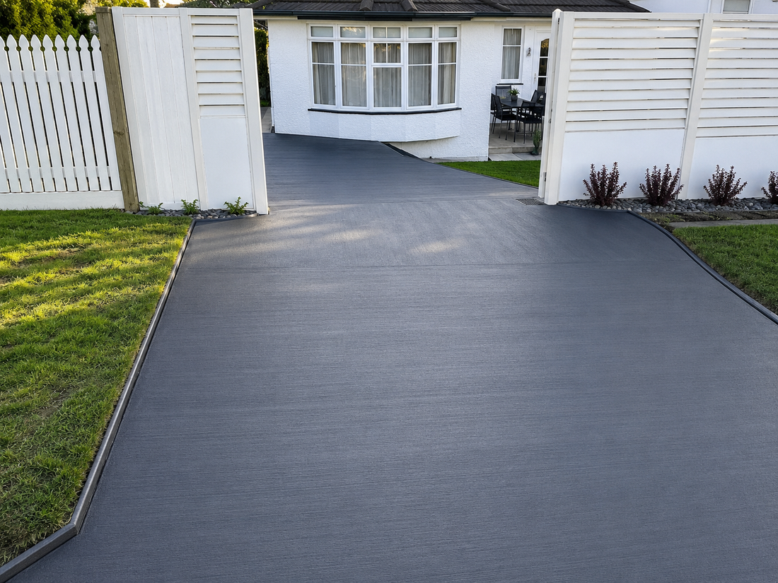A freshly poured plain concrete driveway at a property in Melbourne by DENZ.