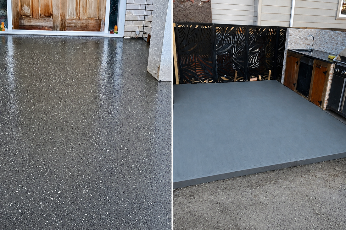 Left photo shows a exposed patio and the right photo shows a plain concrete slab for outdoor entertaining area at a property in Melbourne.