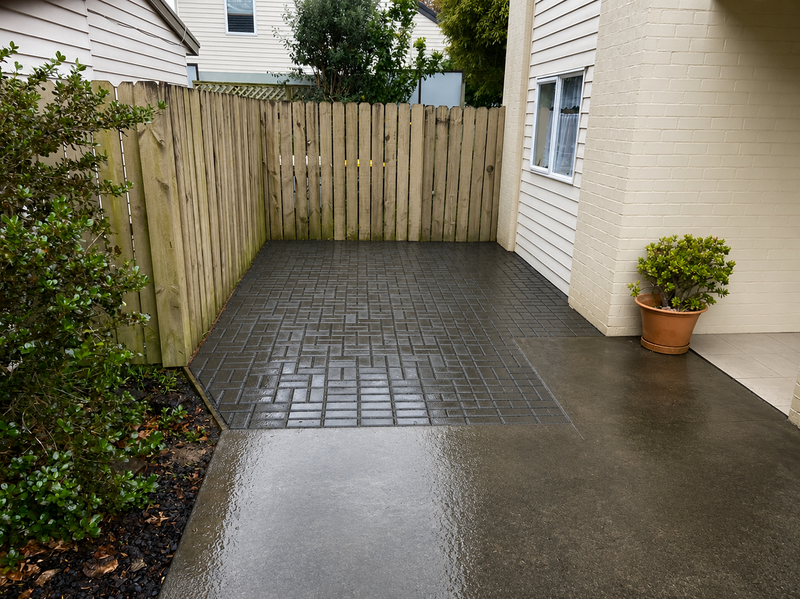 Decorative concrete patio with charcoal border and charcoal paver feature at Melbourne home.