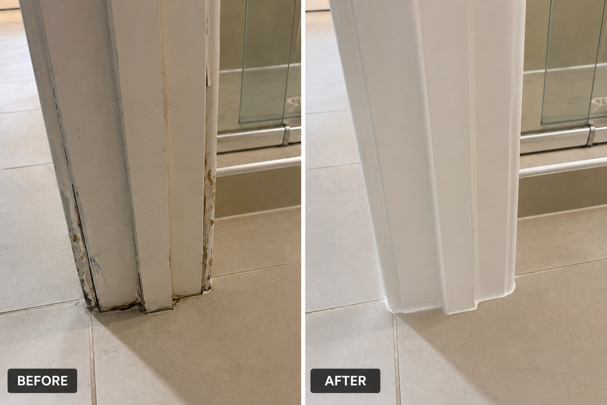 Damaged trims repaired by patching, sanding and repainting plus caulking for a pre-sale inspection in Glen Iris.