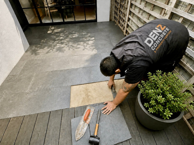 DENZ employee finishing up paving a small courtyard at a property in Carlton 