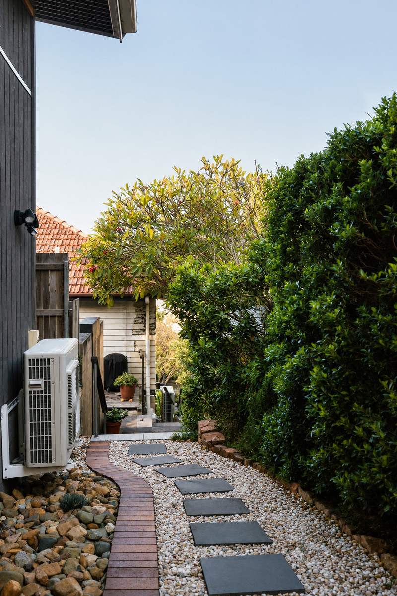 A narrow outdoor walkway with rectangular dark stepping stones set in white gravel, bordered by a red brick edge, leading between dense green hedges and trees beside a house exterior with an air conditioner unit.