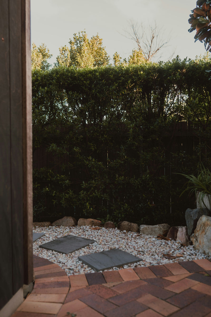 A view of a landscaped garden courtyard with a terracotta and stone paver foreground, white gravel with dark slate stepping stones, a stone border, and a tall green hedge under a pale sky.