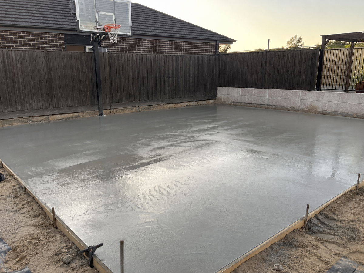 A freshly poured concrete basketball court in a backyard, with a dark wooden fence, house roof, and basketball hoop visible around the perimeter at a home in Melbourne 