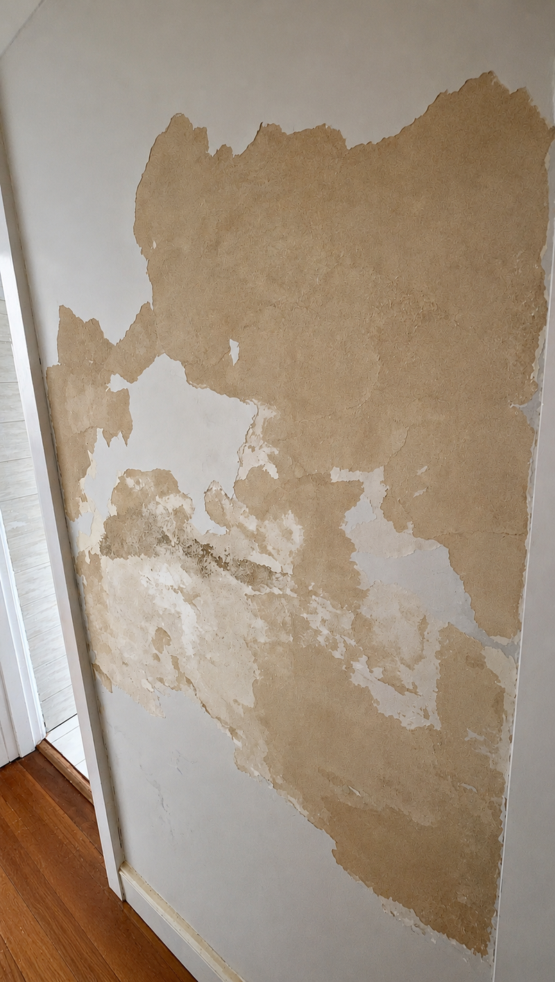 A close-up of a wall with large areas of beige and white peeling wallpaper or plaster, showing the textured surface and damage in a room corner with a wood floor visible.