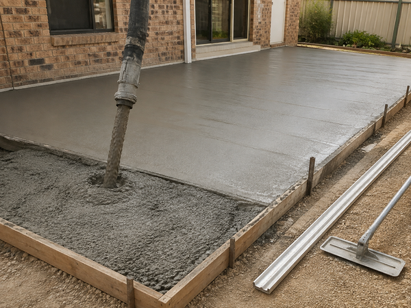 A freshly poured concrete patio slab in progress, with a concrete pump pipe standing in wet concrete, wooden formwork boards, a screed board, and a trowel on a dirt ground next to a brick house exterior.