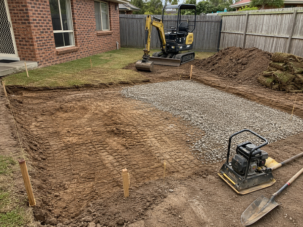 A backyard excavation scene with a rectangular trench, gravel base, compaction plate, shovel, and a small yellow excavator near a wooden fence and brick house.