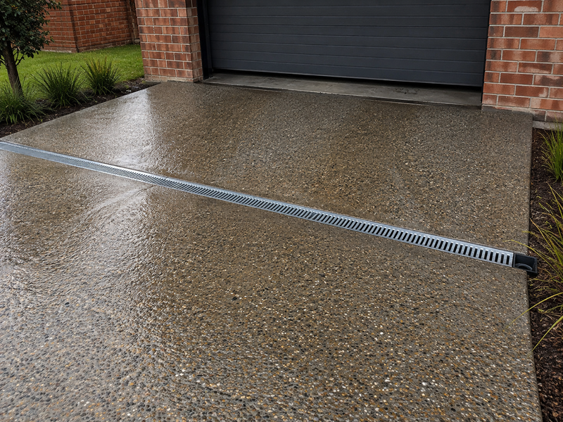 A long metal linear drain installed on a wet concrete driveway in front of a garage door, with brick pillars and landscaping visible.