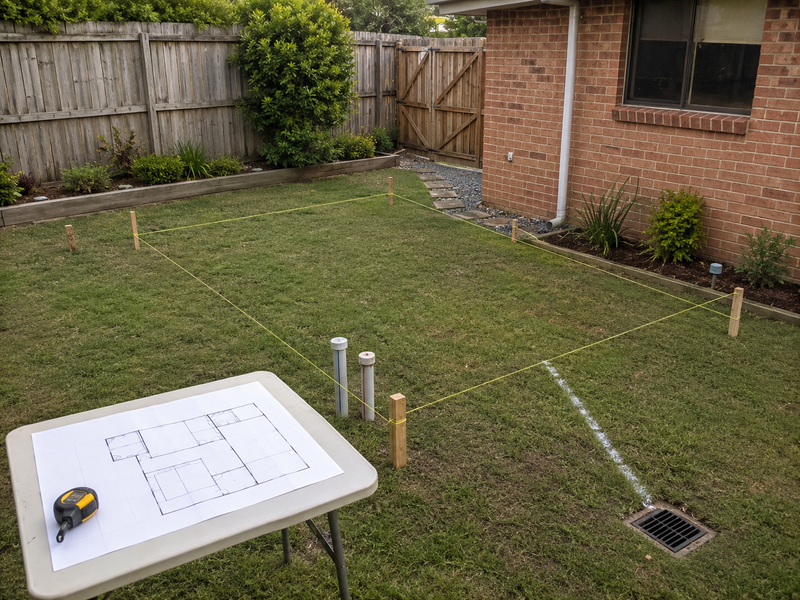 A backyard yard line setup with a tape measure and layout sheet on a folding table, string lines marking the perimeter of a garden bed, wooden posts, a brick house wall, fence, and lawn.