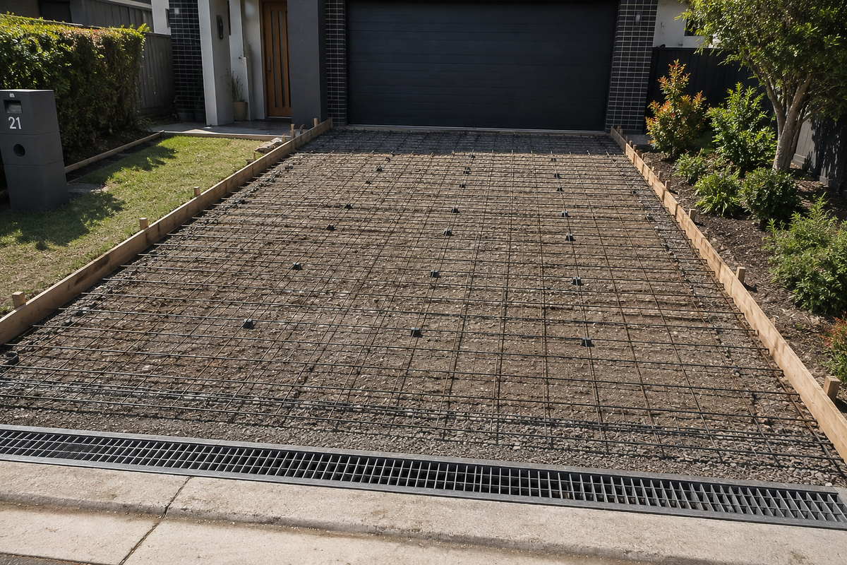 A gravel driveway with a metal grid reinforcement mat laid out in a grid pattern, bordered by wooden edging and set in front of a house garage.