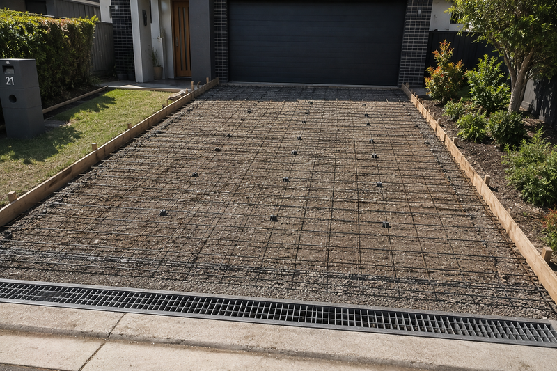 A gravel driveway with a metal grid reinforcement mat laid out in a grid pattern, bordered by wooden edging and set in front of a house garage.
