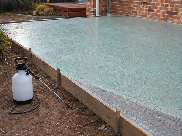 A white and black hand-pump sprayer bottle with a long wand lies on the dirt beside a freshly poured, wet concrete pool or patio edge in an outdoor backyard setting with wooden forms and a brick wall.