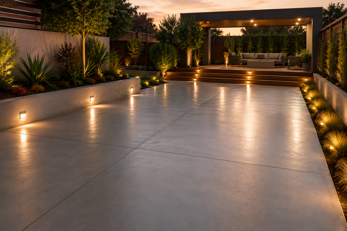 A modern outdoor patio and driveway scene at dusk, featuring a large smooth concrete slab surface, landscaped planters with warm ground lights, steps leading to a covered seating area, and trees in the background.